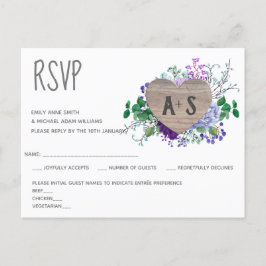 Rustic Engraved Heart Monogram RSVP Floral Wood Uitnodiging Briefkaart