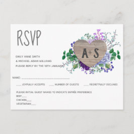 Rustic Engraved Heart Monogram RSVP Floral Wood Uitnodiging Briefkaart