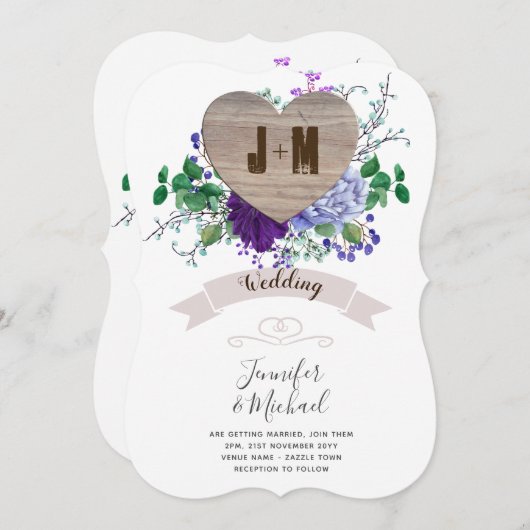 Rustic Engraved Wood Heart Monogram Floral Herfst Kaart (Voorkant / Achterkant)