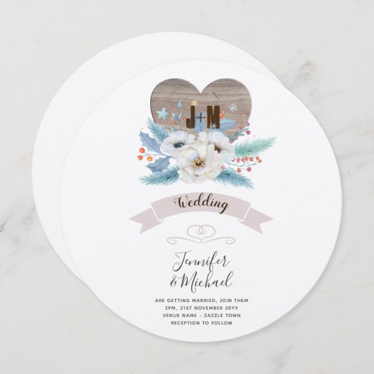 Rustic Engraved Wood Heart Monogram Floral Herfst Kaart (Voorkant / Achterkant)