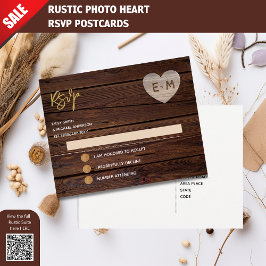 Rustic Engraved Wood Heart Monogram RSVP Uitnodiging Briefkaart