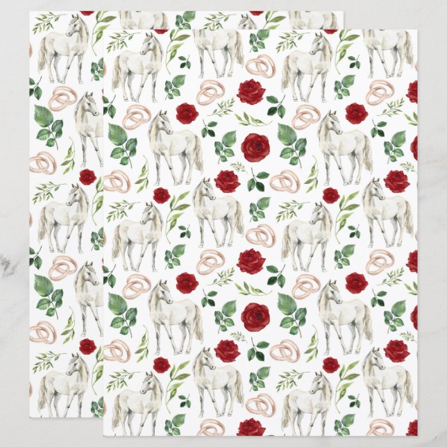Rustic Equestrian Floral Red Scrapbook Paper (Voorkant / Achterkant)