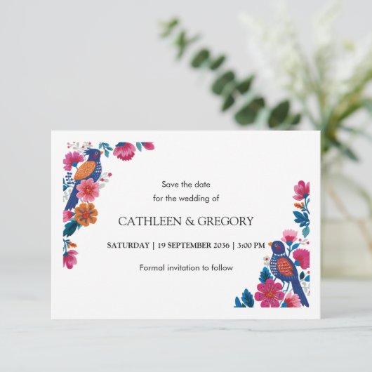 Rustic Ethnic Folk Birds and Flowers Wedding Save The Date (Staand voorkant)