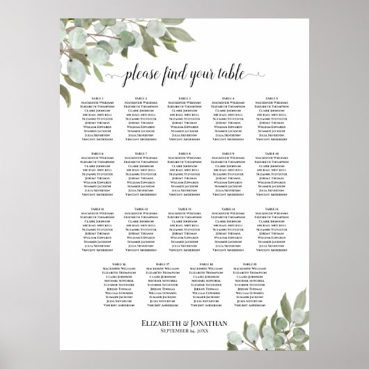 Rustic Eucalyptus 19 Tafel - bruiloft Poster (Voorkant)
