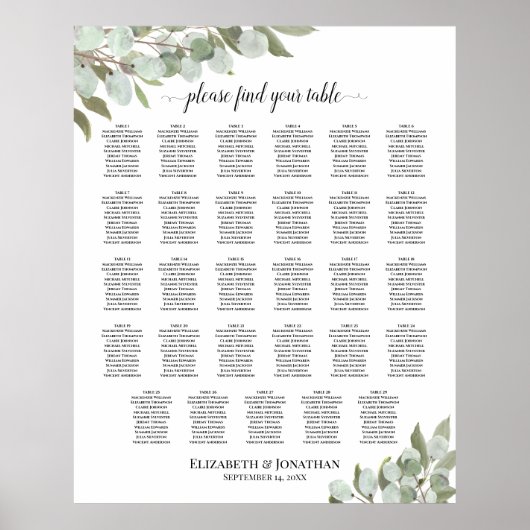 Rustic Eucalyptus 29 Tafel - bruiloft Poster (Voorkant)