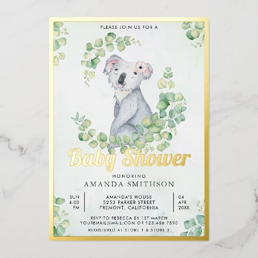 Rustic Eucalyptus Cute Koala Beer Baby shower Gold Folie Uitnodiging (Voorkant)