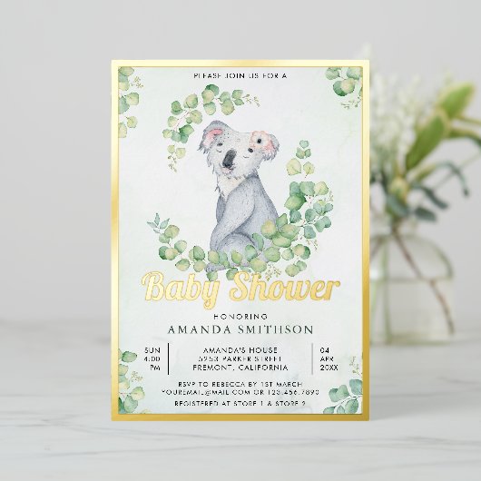 Rustic Eucalyptus Cute Koala Beer Baby shower Gold Folie Uitnodiging (Staand Voorkant)