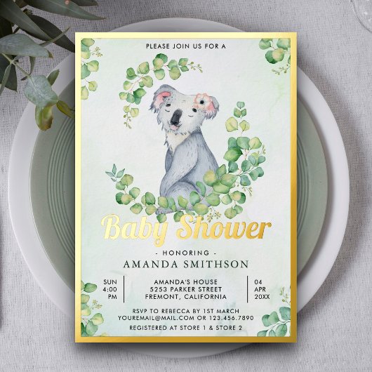 Rustic Eucalyptus Cute Koala Beer Baby shower Gold Folie Uitnodiging