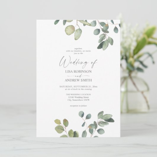 Rustic Eucalyptus Duo Greenery Wedding Invitation Kaart (Staand voorkant)
