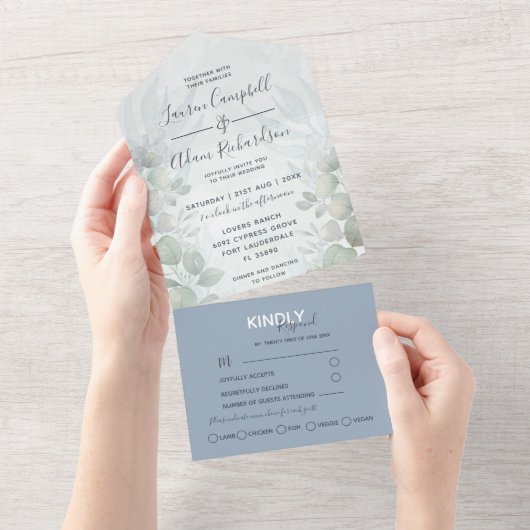 Rustic Eucalyptus Dusty Blue Waterverf Wedding All In One Uitnodiging (Afscheurbaar)