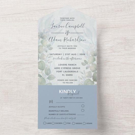 Rustic Eucalyptus Dusty Blue Waterverf Wedding All In One Uitnodiging (Binnen)
