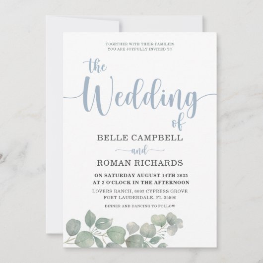 Rustic Eucalyptus Dusty Blue Wedding Uitnodiging (Voorkant)