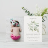 Rustic Eucalyptus Fauna Cross Foto Christening Bedankkaart (Staand voorkant)
