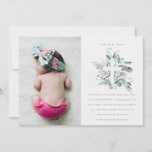 Rustic Eucalyptus Fauna Cross Foto Christening Bedankkaart (Voorkant)