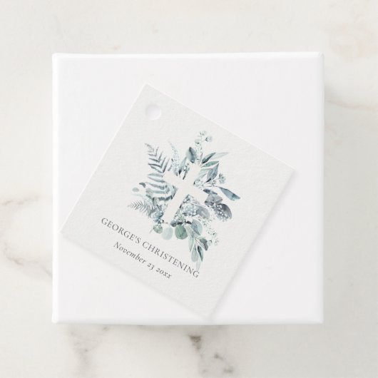 Rustic Eucalyptus Fern Foliage Cross Christening Bedankjes Labels (In situ)