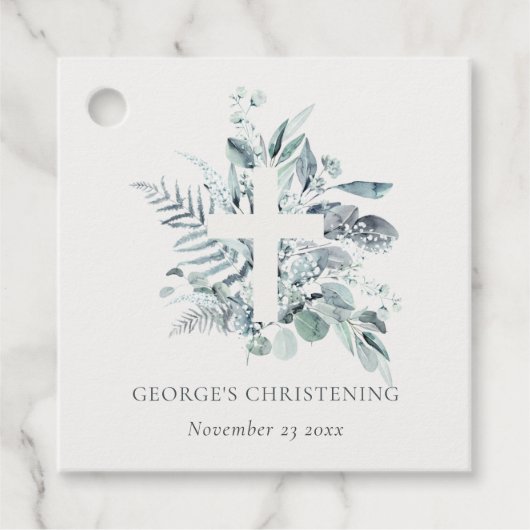 Rustic Eucalyptus Fern Foliage Cross Christening Bedankjes Labels (Voorkant)