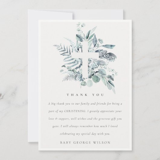 Rustic Eucalyptus Fern Foliage Cross Christening Bedankkaart (Voorkant)