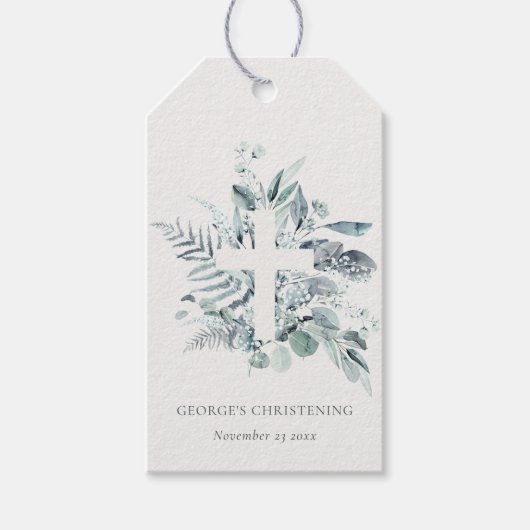 Rustic Eucalyptus Fern Foliage Cross Christening Cadeaulabel (Voorkant)