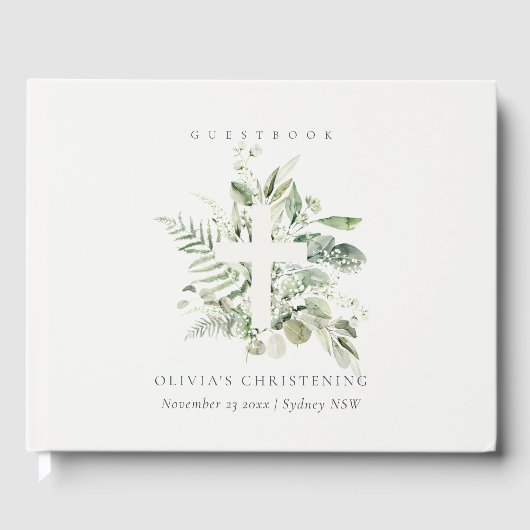 Rustic Eucalyptus Fern Foliage Cross Christening Gastenboek (Voorkant)