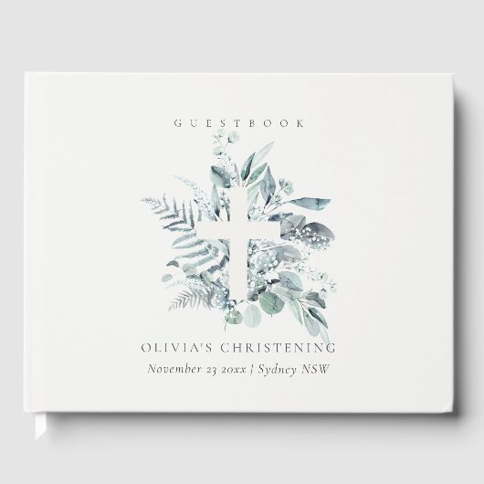 Rustic Eucalyptus Fern Foliage Cross Christening Gastenboek (Voorkant)