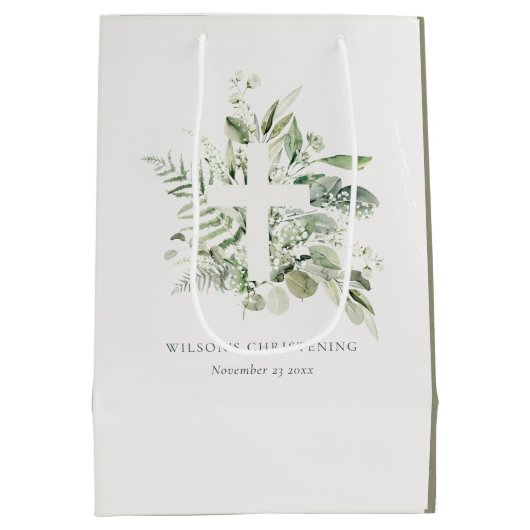 Rustic Eucalyptus Fern Foliage Cross Christening Medium Cadeauzakje (Achterkant)