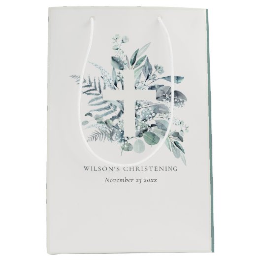 Rustic Eucalyptus Fern Foliage Cross Christening Medium Cadeauzakje (Voorkant)