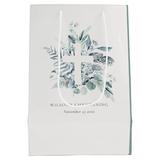 Rustic Eucalyptus Fern Foliage Cross Christening Medium Cadeauzakje (Achterkant)