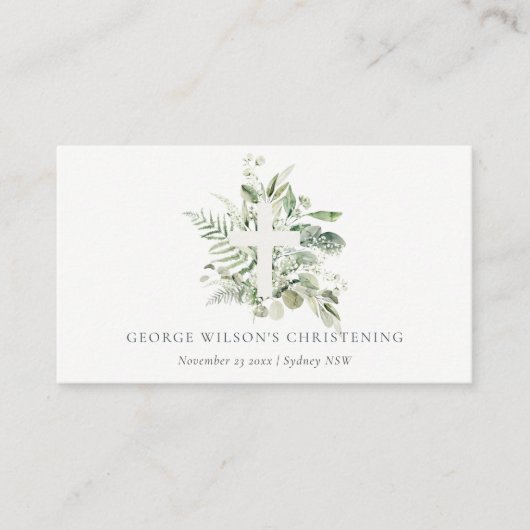 Rustic Eucalyptus Fern Foliage Cross Christening Plaatskaartje (Voorkant)
