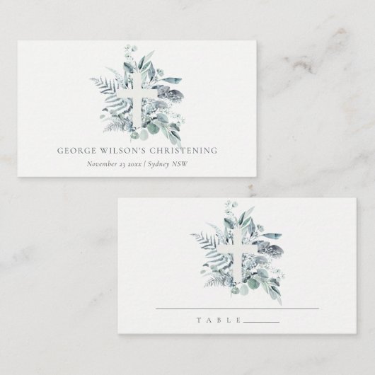 Rustic Eucalyptus Fern Foliage Cross Christening Plaatskaartje (Voorkant / Achterkant)