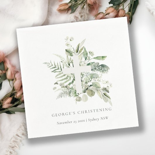 Rustic Eucalyptus Fern Foliage Cross Christening Servet