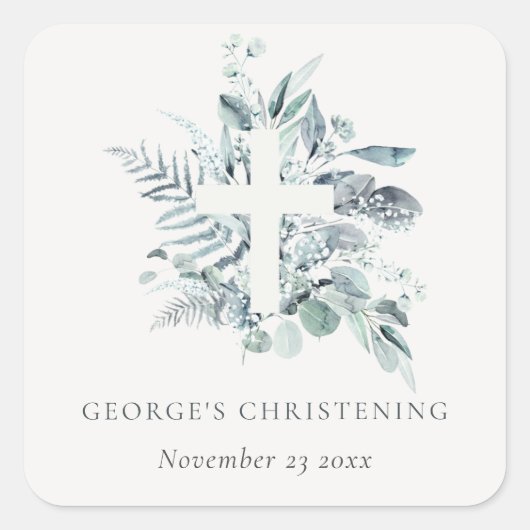 Rustic Eucalyptus Fern Foliage Cross Christening Vierkante Sticker (Voorkant)