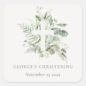 Rustic Eucalyptus Fern Foliage Cross Christening Vierkante Sticker (Voorkant)