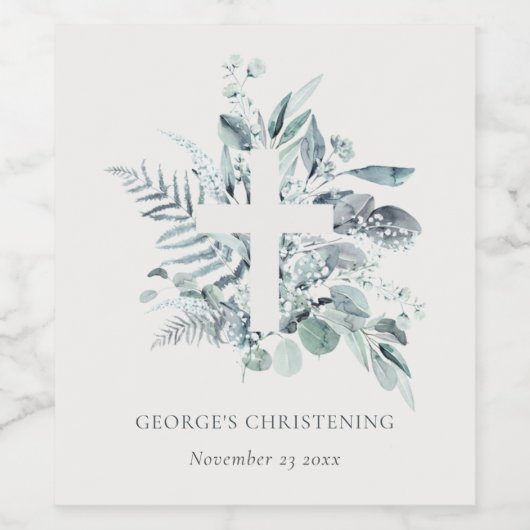 Rustic Eucalyptus Fern Foliage Cross Christening Wijn Etiket (Enkel label)
