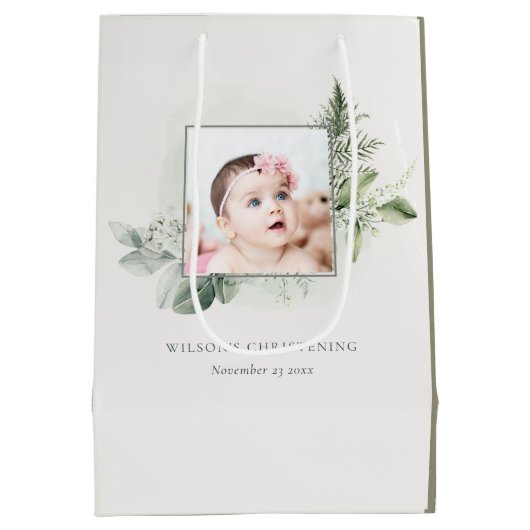Rustic Eucalyptus Fern Foliage Foto Christening Medium Cadeauzakje (Achterkant)