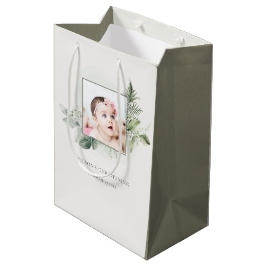 Rustic Eucalyptus Fern Foliage Foto Christening Medium Cadeauzakje (Achterkant Gekanteld)