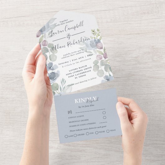 Rustic Eucalyptus Floral Dusty Blue Wedding All In One Uitnodiging (Afscheurbaar)