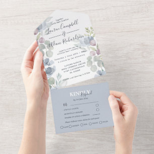 Rustic Eucalyptus Floral Dusty Blue Wedding All In One Uitnodiging