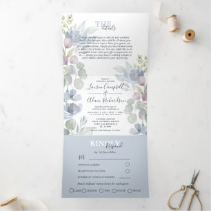 Rustic Eucalyptus Floral Dusty Blue Wedding Drieluik Uitnodiging