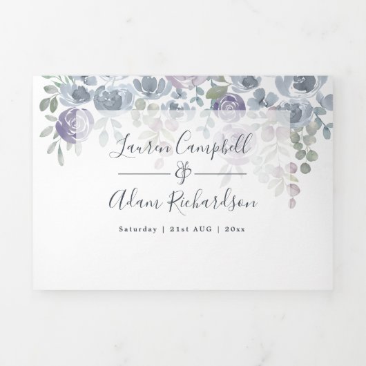 Rustic Eucalyptus Floral Dusty Blue Wedding Drieluik Uitnodiging (Cover)