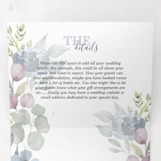 Rustic Eucalyptus Floral Dusty Blue Wedding Drieluik Uitnodiging (Binnenzijde eerst)