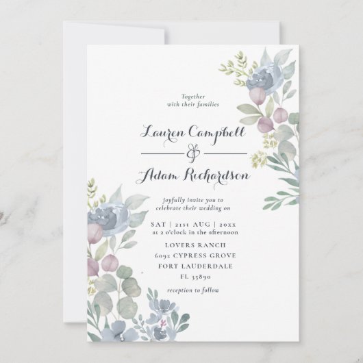 Rustic Eucalyptus Floral Dusty Blue Wedding Kaart (Voorkant)