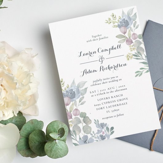 Rustic Eucalyptus Floral Dusty Blue Wedding Kaart