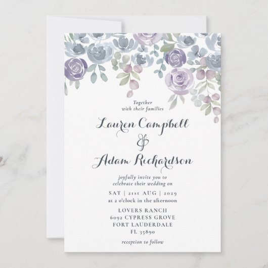Rustic Eucalyptus & Floral Paars Wedding Invite Kaart (Voorkant)