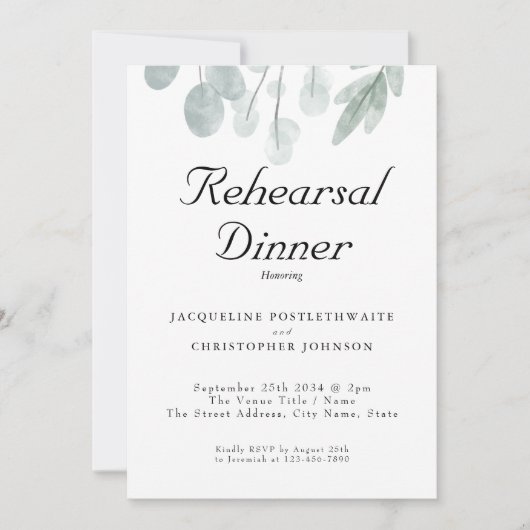 Rustic Eucalyptus Floral Wedding Rehearsal Dinner Kaart (Voorkant)