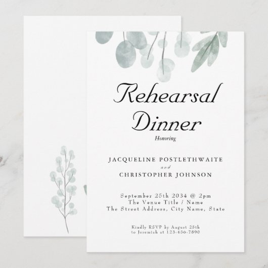 Rustic Eucalyptus Floral Wedding Rehearsal Dinner Kaart (Voorkant / Achterkant)