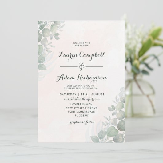 Rustic Eucalyptus Foliage Green & Sinaasappel Wedd Kaart (Staand voorkant)