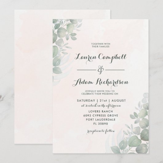 Rustic Eucalyptus Foliage Green & Sinaasappel Wedd Kaart (Voorkant / Achterkant)