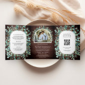 Rustic Eucalyptus Foto Barn Wood QR Code Weddensch Drieluik Uitnodiging