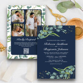 Rustic Eucalyptus Foto QR Code Navy Blue Wedding Kaart