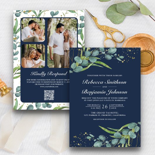 Rustic Eucalyptus Foto QR Code Navy Blue Wedding Kaart